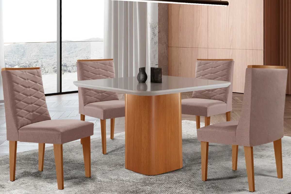 Sala Jantar Mesa Maldivas c/ Tampo Madeirado c/ Vidro Canto Curvo 90x90cm e 4 Cadeiras Maldivas - Rufato