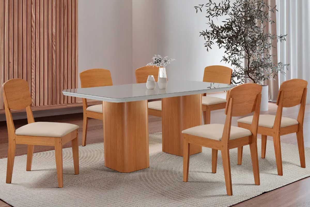 Sala Jantar Mesa Maldivas c/ Tampo Madeirado c/ Vidro Canto Curvo 180x90cm e 6 Cadeiras Havana - Rufato