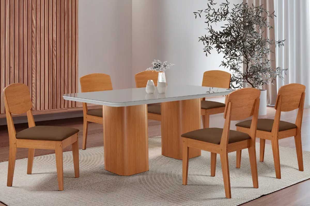 Sala Jantar Mesa Maldivas c/ Tampo Madeirado c/ Vidro Canto Curvo 180x90cm e 6 Cadeiras Havana - Rufato