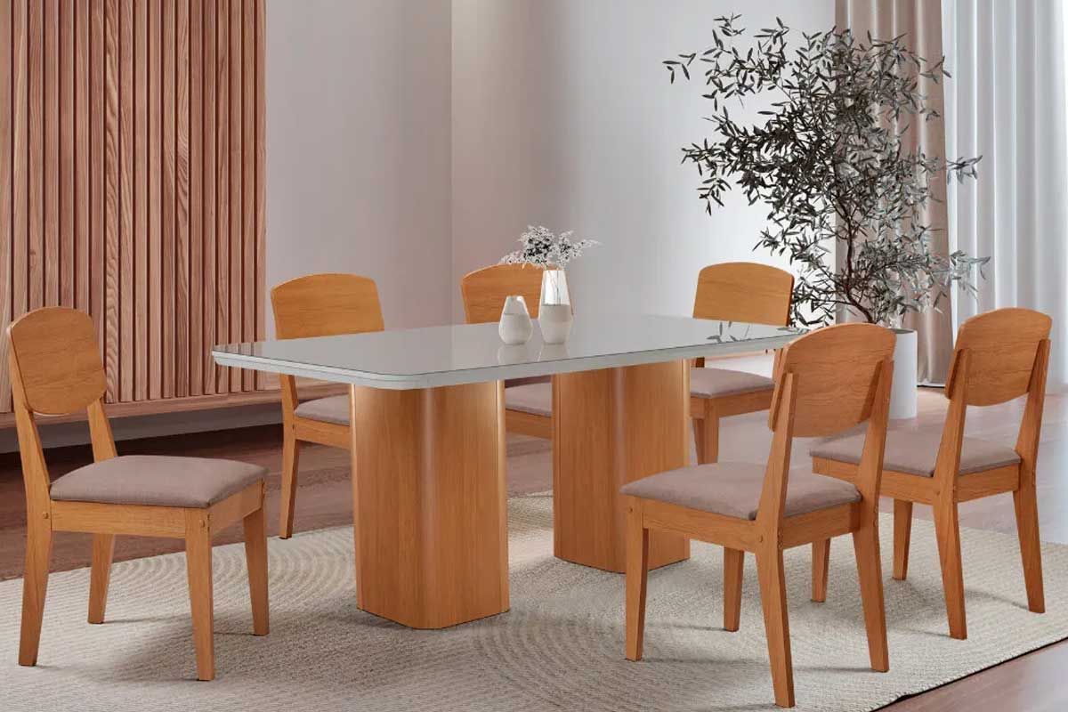 Sala Jantar Mesa Maldivas c/ Tampo Madeirado c/ Vidro Canto Curvo 180x90cm e 6 Cadeiras Havana - Rufato