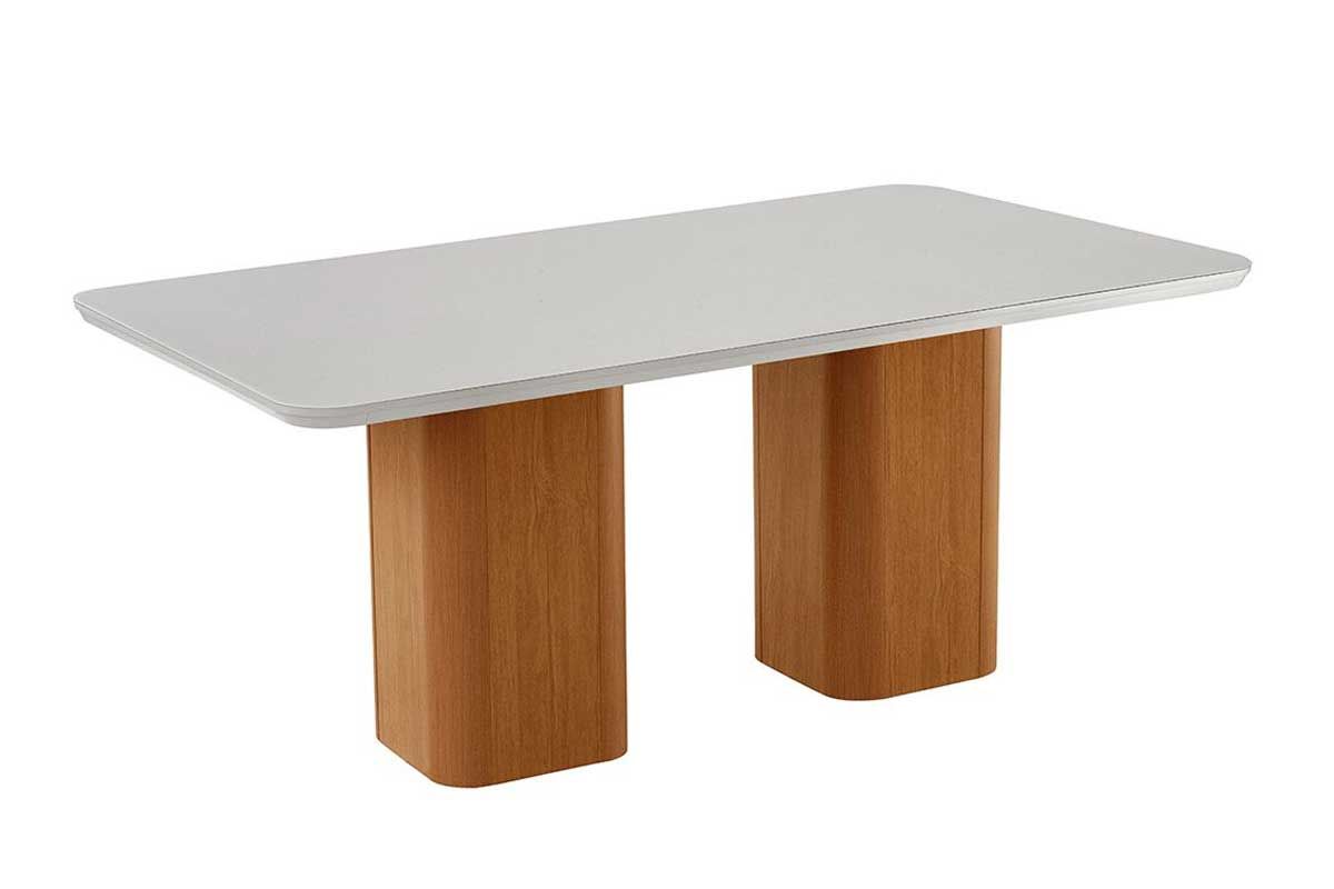 Sala Jantar Mesa Maldivas c/ Tampo Madeirado c/ Vidro Canto Curvo 180x90cm e 6 Cadeiras Havana - Rufato