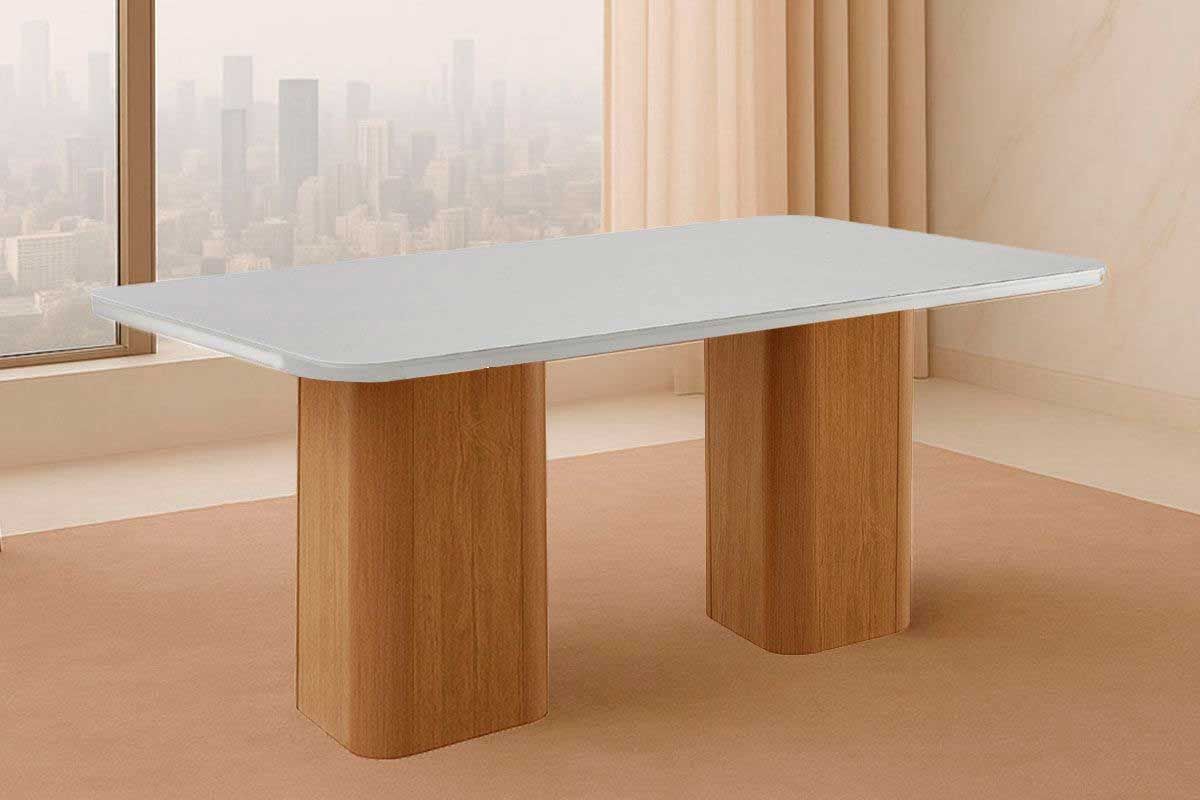 Sala Jantar Mesa Maldivas c/ Tampo Madeirado c/ Vidro Canto Curvo 180x90cm e 6 Cadeiras Havana - Rufato