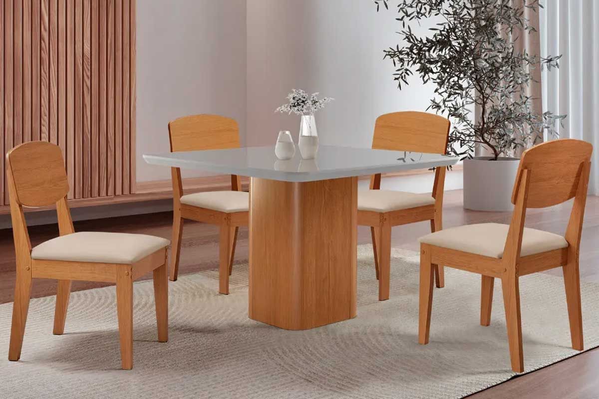 Sala Jantar Mesa Maldivas c/ Tampo Madeirado c/ Vidro Canto Curvo 90x90cm e 4 Cadeiras Havana - Rufato