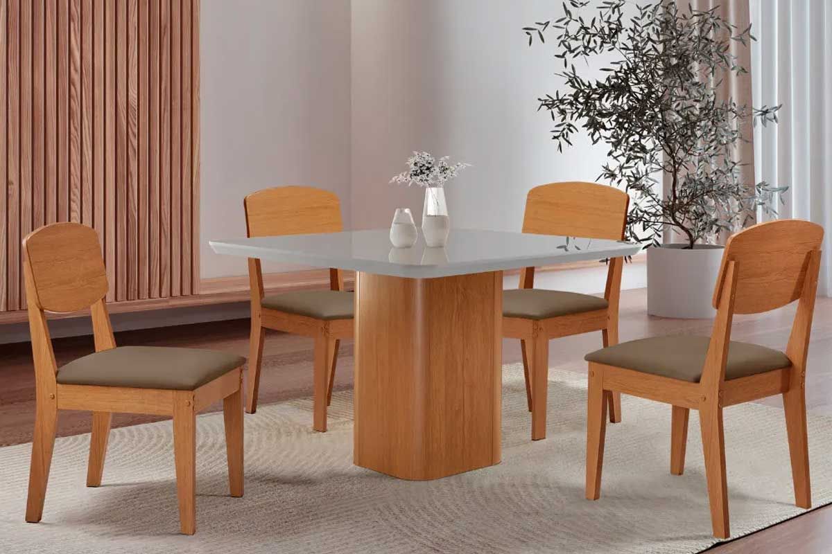 Sala Jantar Mesa Maldivas c/ Tampo Madeirado c/ Vidro Canto Curvo 90x90cm e 4 Cadeiras Havana - Rufato