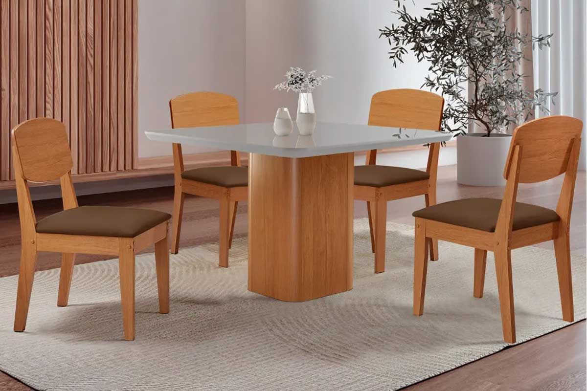 Sala Jantar Mesa Maldivas c/ Tampo Madeirado c/ Vidro Canto Curvo 90x90cm e 4 Cadeiras Havana - Rufato