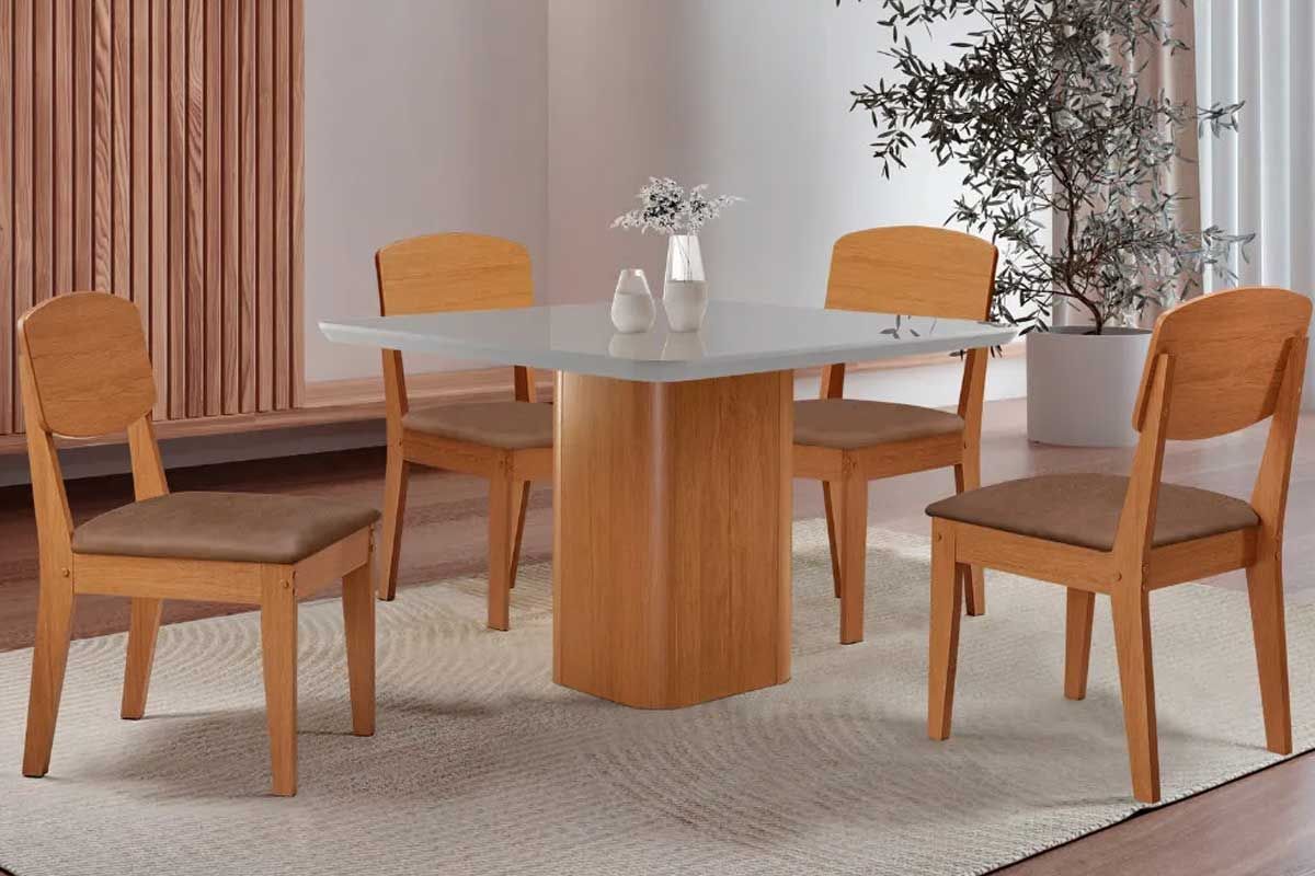 Sala Jantar Mesa Maldivas c/ Tampo Madeirado c/ Vidro Canto Curvo 90x90cm e 4 Cadeiras Havana - Rufato