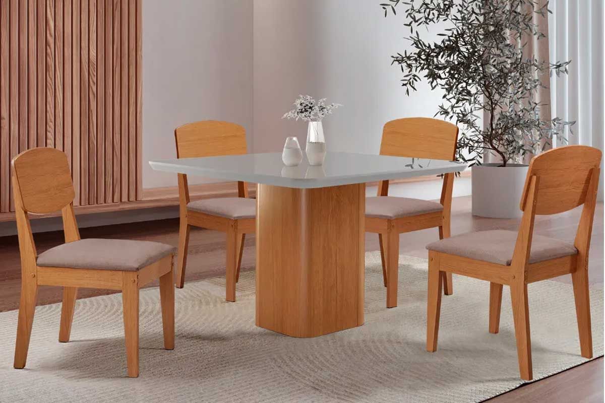Sala Jantar Mesa Maldivas c/ Tampo Madeirado c/ Vidro Canto Curvo 90x90cm e 4 Cadeiras Havana - Rufato