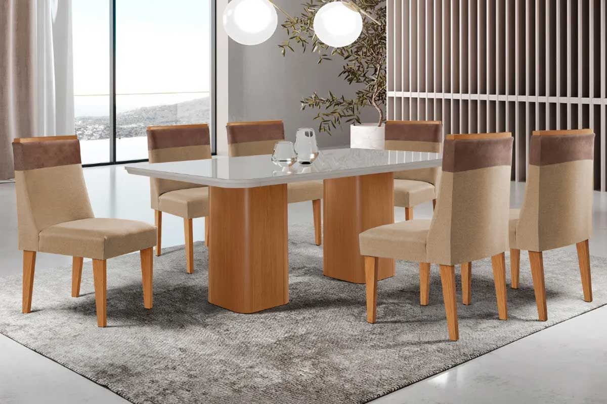 Sala Jantar Mesa Maldivas c/ Tampo Madeirado c/ Vidro Canto Curvo 180x90cm e 6 Cadeiras Jaspe - Rufato