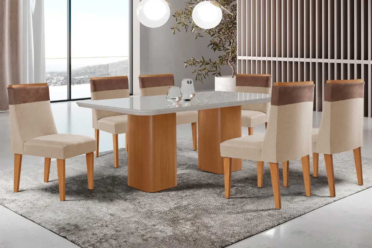 Sala Jantar Mesa Maldivas c/ Tampo Madeirado c/ Vidro Canto Curvo 180x90cm e 6 Cadeiras Jaspe - Rufato