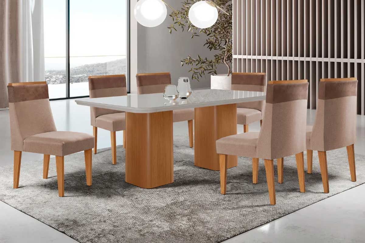 Sala Jantar Mesa Maldivas c/ Tampo Madeirado c/ Vidro Canto Curvo 180x90cm e 6 Cadeiras Jaspe - Rufato