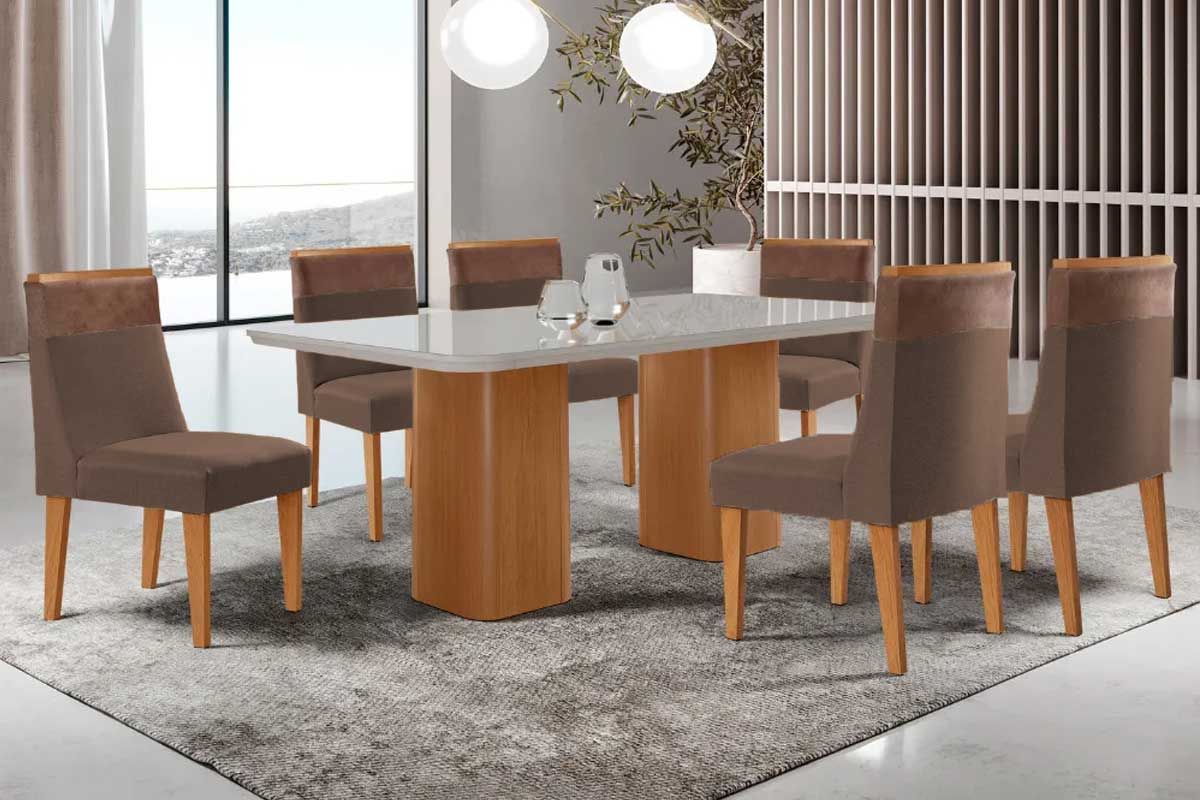 Sala Jantar Mesa Maldivas c/ Tampo Madeirado c/ Vidro Canto Curvo 180x90cm e 6 Cadeiras Jaspe - Rufato