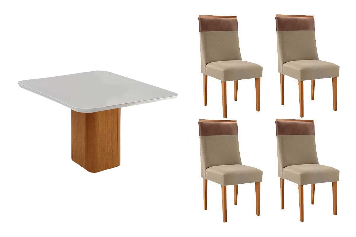 Sala Jantar Mesa Maldivas c/ Tampo Madeirado c/ Vidro Canto Curvo 90x90cm e 4 Cadeiras Jaspe - Rufato