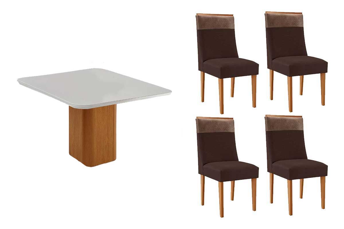 Sala Jantar Mesa Maldivas c/ Tampo Madeirado c/ Vidro Canto Curvo 90x90cm e 4 Cadeiras Jaspe - Rufato