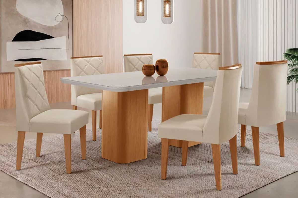 Sala Jantar Mesa Maldivas c/ Tampo Madeirado c/ Vidro Canto Curvo 180x90cm e 6 Cadeiras Pietá - Rufato