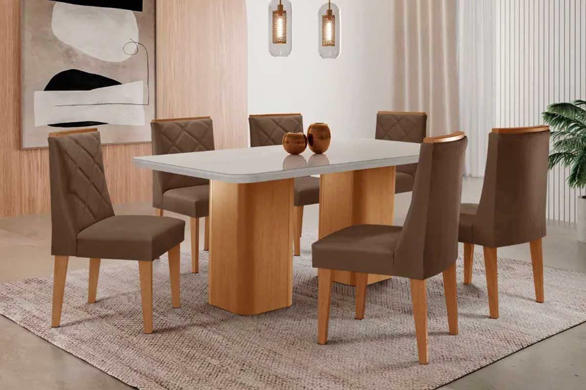 Sala Jantar Mesa Maldivas c/ Tampo Madeirado c/ Vidro Canto Curvo 180x90cm e 6 Cadeiras Pietá - Rufato
