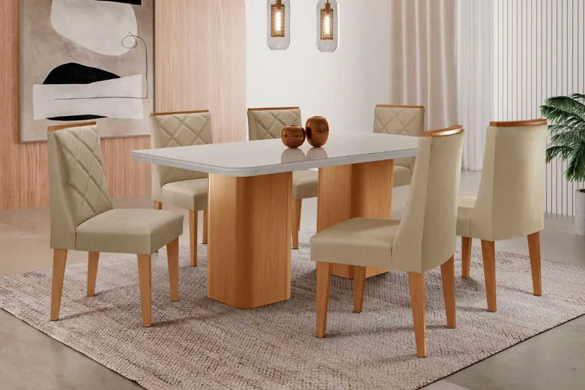 Sala Jantar Mesa Maldivas c/ Tampo Madeirado c/ Vidro Canto Curvo 180x90cm e 6 Cadeiras Pietá - Rufato
