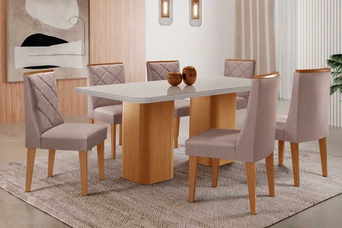 Sala Jantar Mesa Maldivas c/ Tampo Madeirado c/ Vidro Canto Curvo 180x90cm e 6 Cadeiras Pietá - Rufato