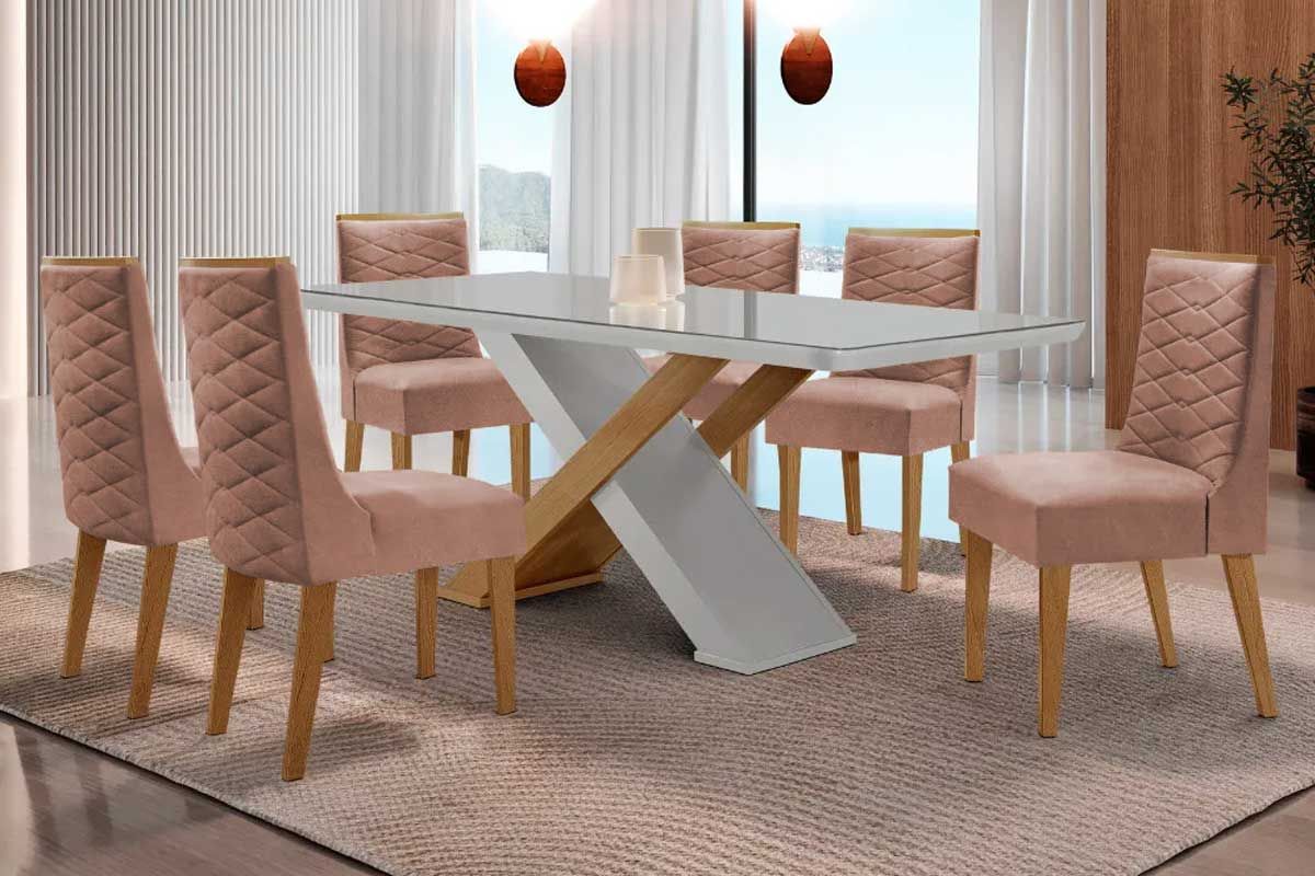 Sala Jantar Mesa Imperatriz c/ Tampo Madeirado c/ Vidro Canto Curvo 180X90cm e 6 Cadeiras Dafne - Rufato