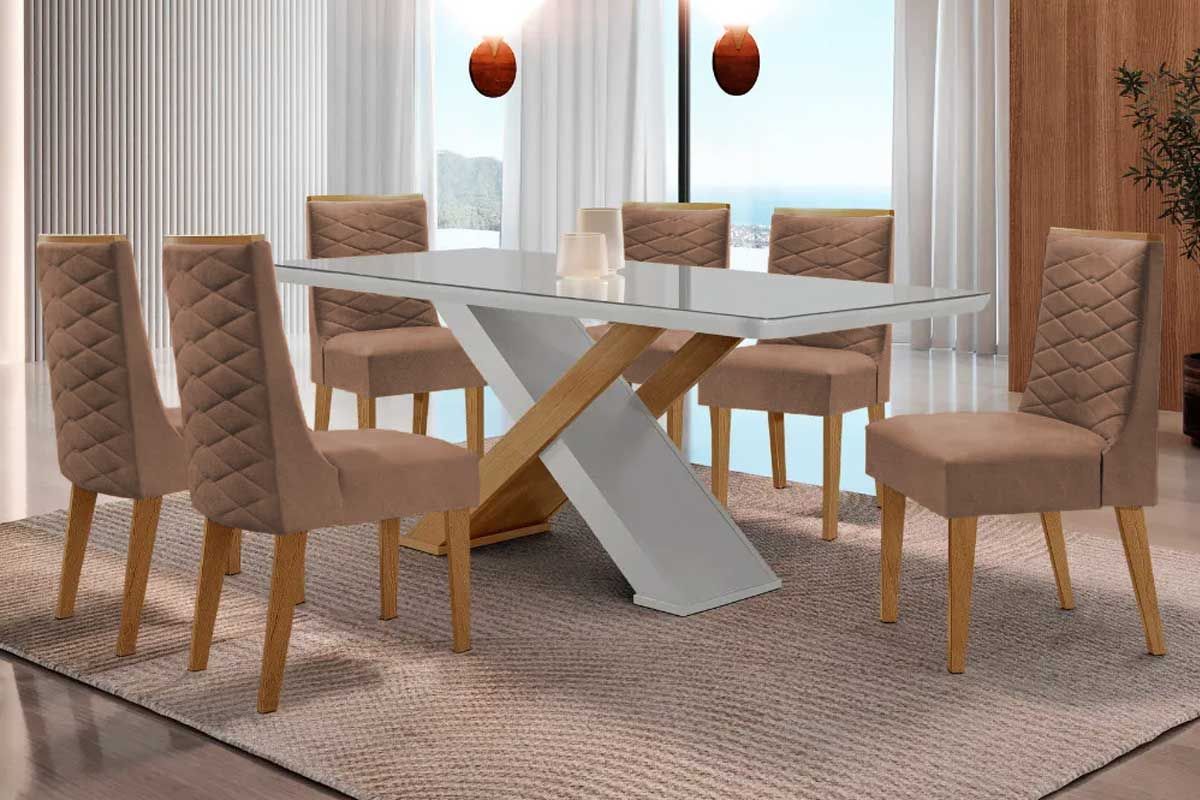 Sala Jantar Mesa Imperatriz c/ Tampo Madeirado c/ Vidro Canto Curvo 180X90cm e 6 Cadeiras Dafne - Rufato