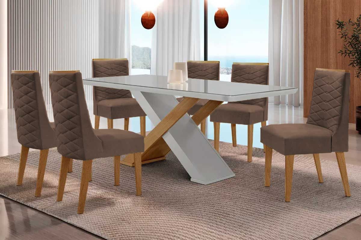 Sala Jantar Mesa Imperatriz c/ Tampo Madeirado c/ Vidro Canto Curvo 180X90cm e 6 Cadeiras Dafne - Rufato