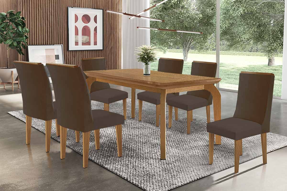 Sala Jantar Mesa Londrina c/ Tampo Madeirado Canto Curvo 180x90cm e 6 Cadeiras Dakota - Rufato
