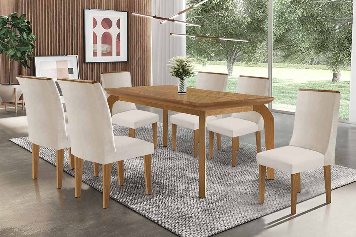 Sala Jantar Mesa Londrina c/ Tampo Madeirado Canto Curvo 180x90cm e 6 Cadeiras Dakota - Rufato