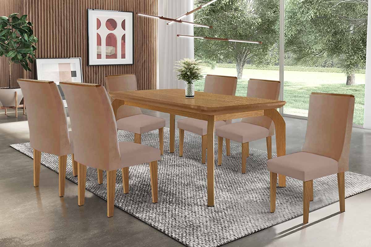 Sala Jantar Mesa Londrina c/ Tampo Madeirado Canto Curvo 180x90cm e 6 Cadeiras Dakota - Rufato