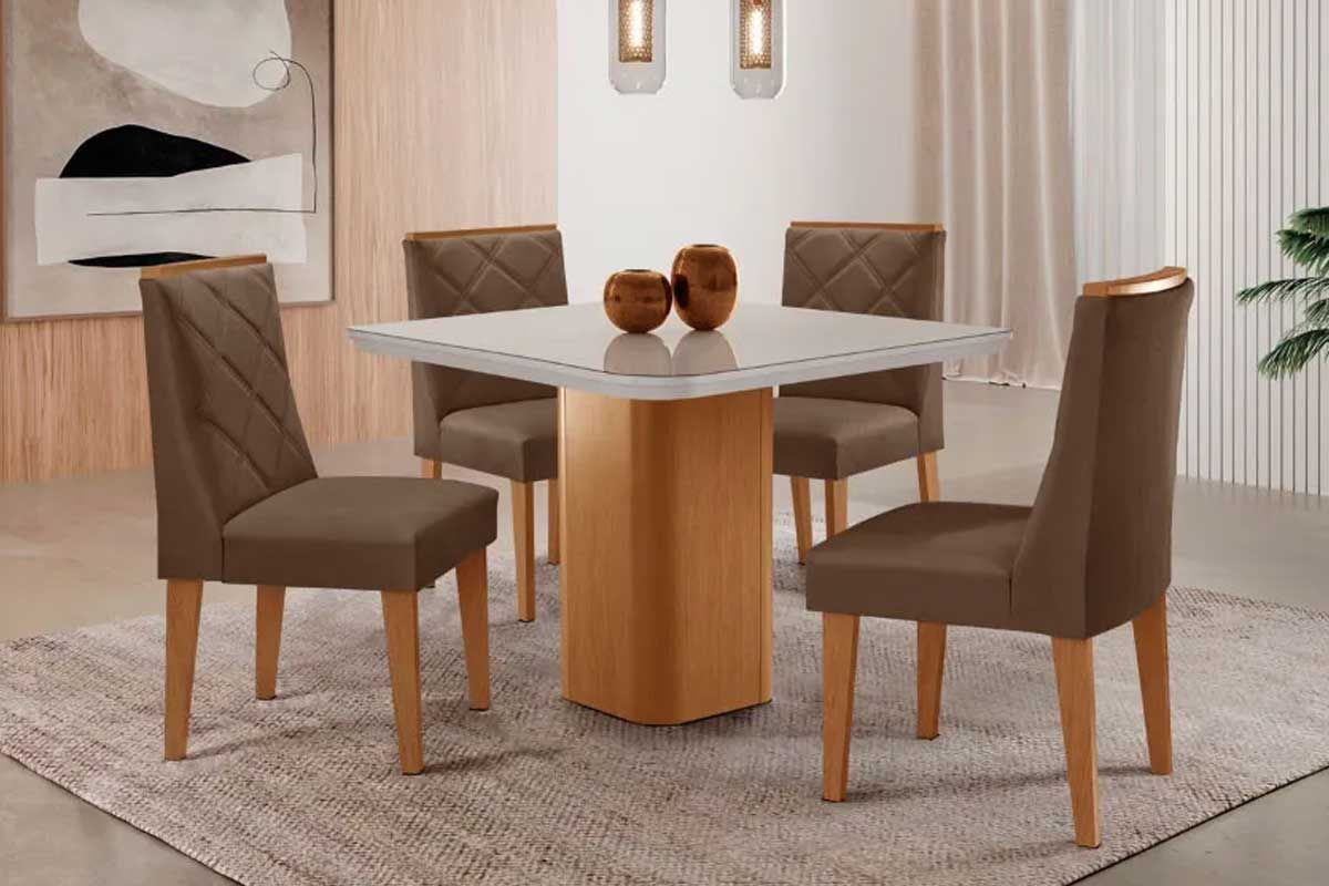Sala Jantar Mesa Maldivas c/ Tampo Madeirado c/ Vidro Canto Curvo 90x90cm e 4 Cadeiras Pietá - Rufato