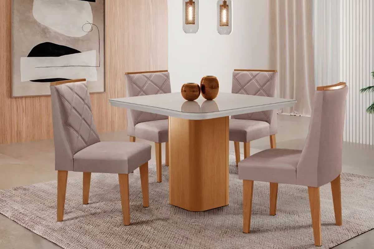 Sala Jantar Mesa Maldivas c/ Tampo Madeirado c/ Vidro Canto Curvo 90x90cm e 4 Cadeiras Pietá - Rufato