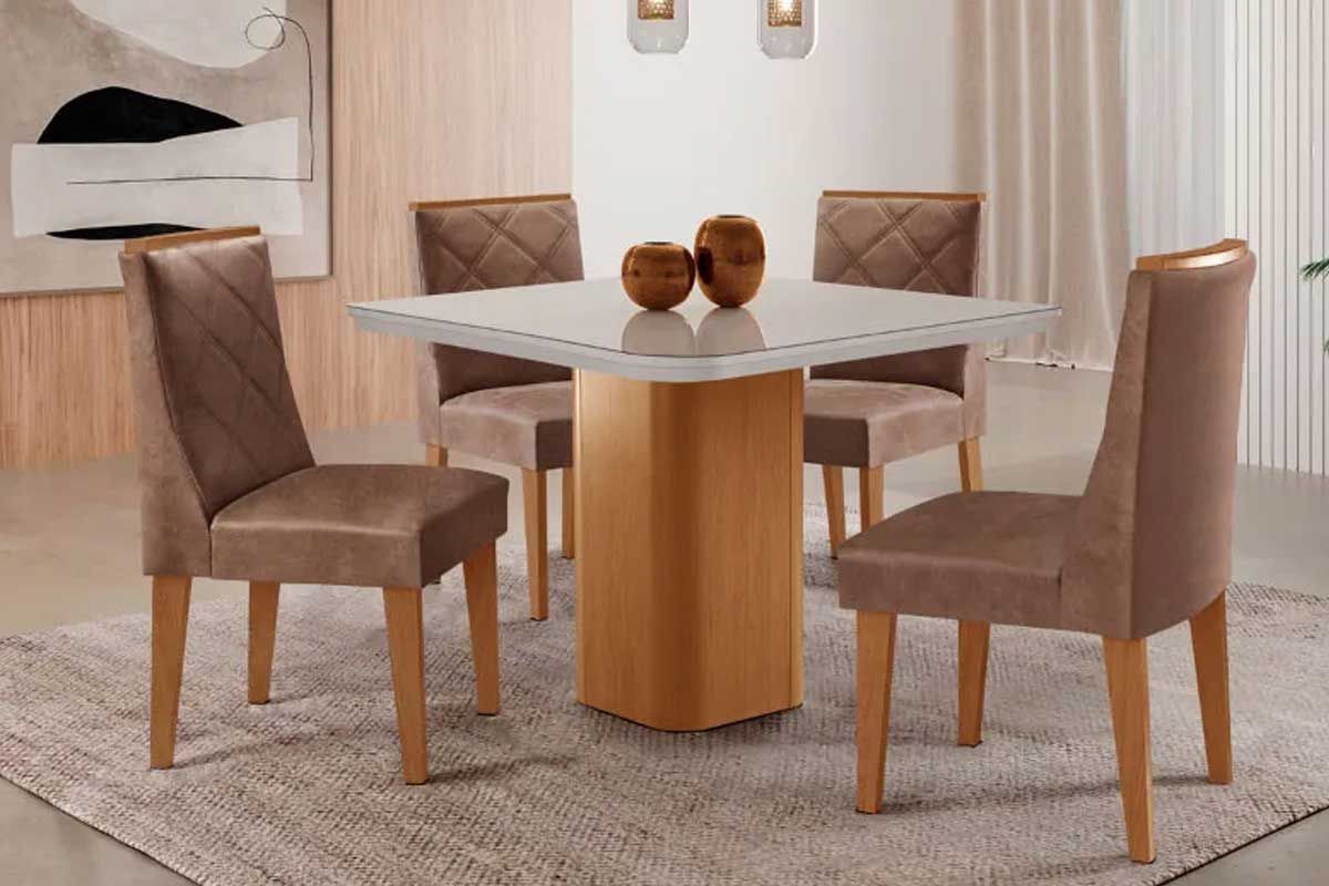 Sala Jantar Mesa Maldivas c/ Tampo Madeirado c/ Vidro Canto Curvo 90x90cm e 4 Cadeiras Pietá - Rufato