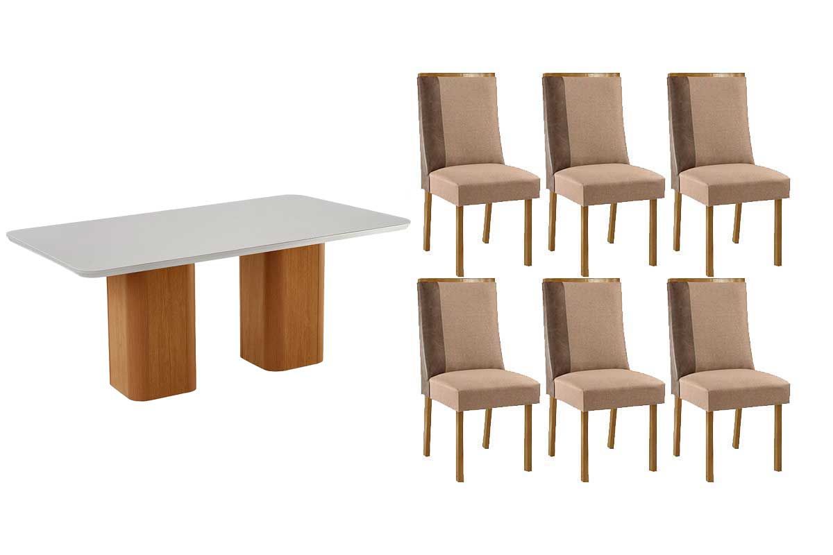 Sala Jantar Mesa Maldivas c/ Tampo Madeirado c/ Vidro Canto Curvo 180x90cm e 6 Cadeiras Tilia - Rufato
