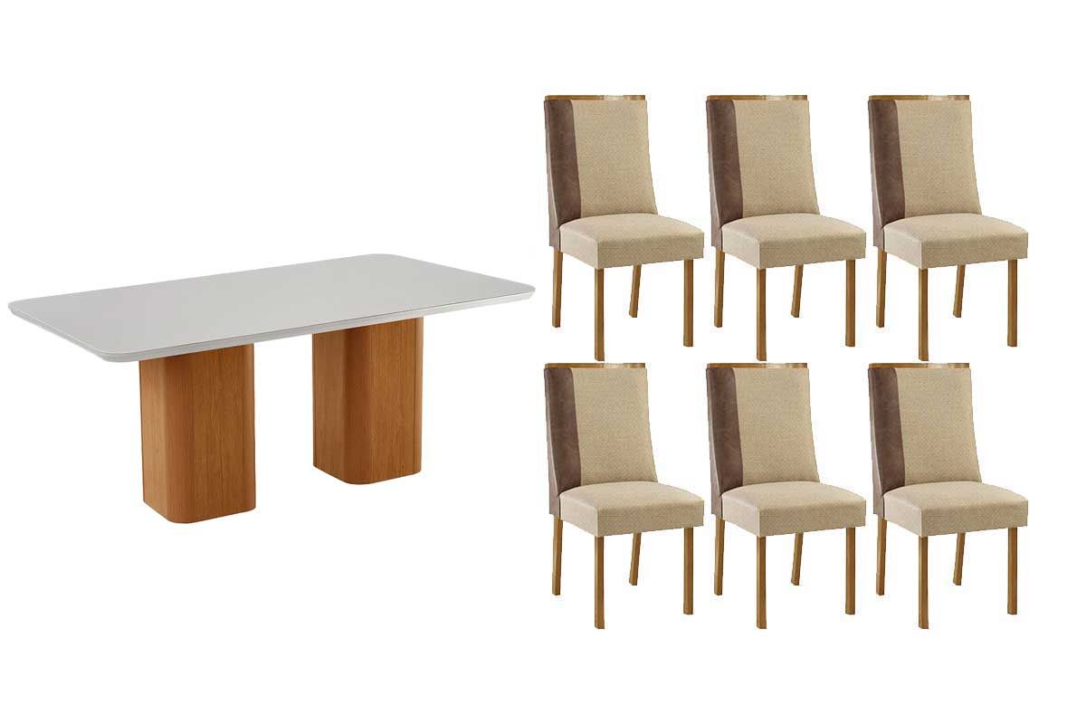 Sala Jantar Mesa Maldivas c/ Tampo Madeirado c/ Vidro Canto Curvo 180x90cm e 6 Cadeiras Tilia - Rufato