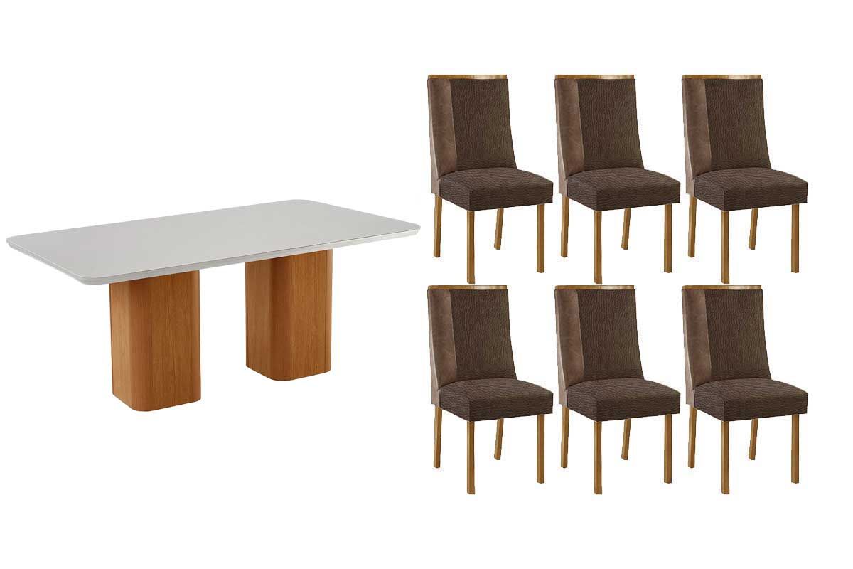 Sala Jantar Mesa Maldivas c/ Tampo Madeirado c/ Vidro Canto Curvo 180x90cm e 6 Cadeiras Tilia - Rufato