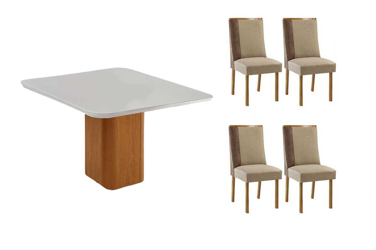 Sala Jantar Mesa Maldivas c/ Tampo Madeirado c/ Vidro Canto Curvo 90x90cm e 4 Cadeiras Tilia - Rufato