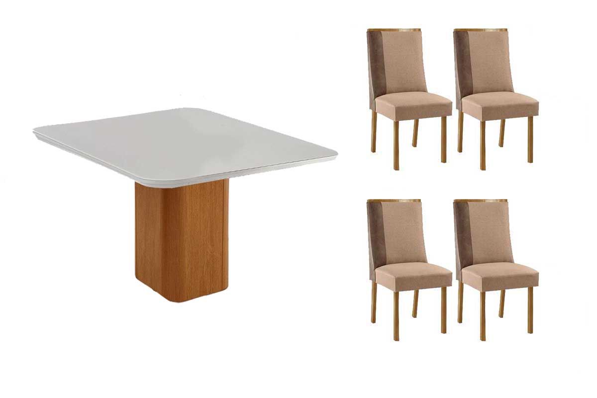 Sala Jantar Mesa Maldivas c/ Tampo Madeirado c/ Vidro Canto Curvo 90x90cm e 4 Cadeiras Tilia - Rufato