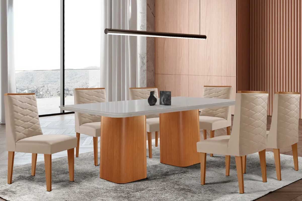 Sala Jantar Mesa Maldivas c/ Tampo Madeirado c/ Vidro Canto Curvo 180x90cm e 6 Cadeiras Dafne - Rufato