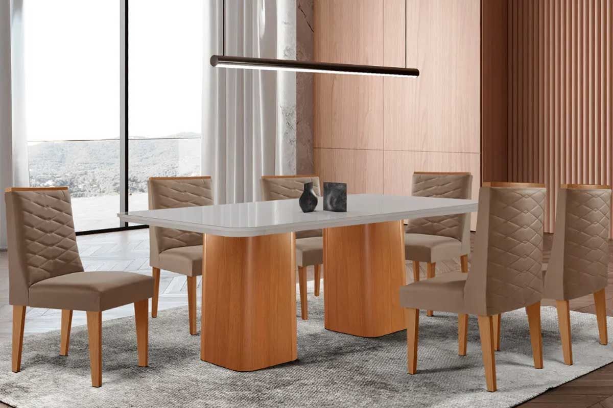 Sala Jantar Mesa Maldivas c/ Tampo Madeirado c/ Vidro Canto Curvo 180x90cm e 6 Cadeiras Dafne - Rufato