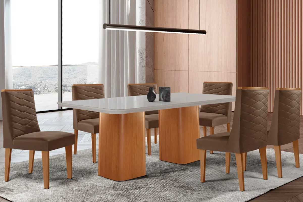 Sala Jantar Mesa Maldivas c/ Tampo Madeirado c/ Vidro Canto Curvo 180x90cm e 6 Cadeiras Dafne - Rufato