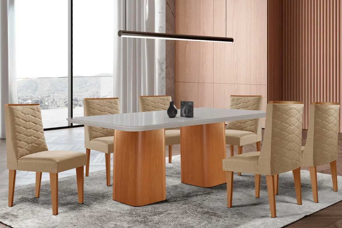 Sala Jantar Mesa Maldivas c/ Tampo Madeirado c/ Vidro Canto Curvo 180x90cm e 6 Cadeiras Dafne - Rufato