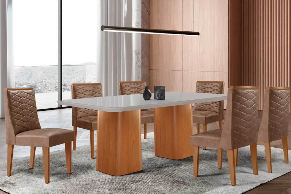 Sala Jantar Mesa Maldivas c/ Tampo Madeirado c/ Vidro Canto Curvo 180x90cm e 6 Cadeiras Dafne - Rufato
