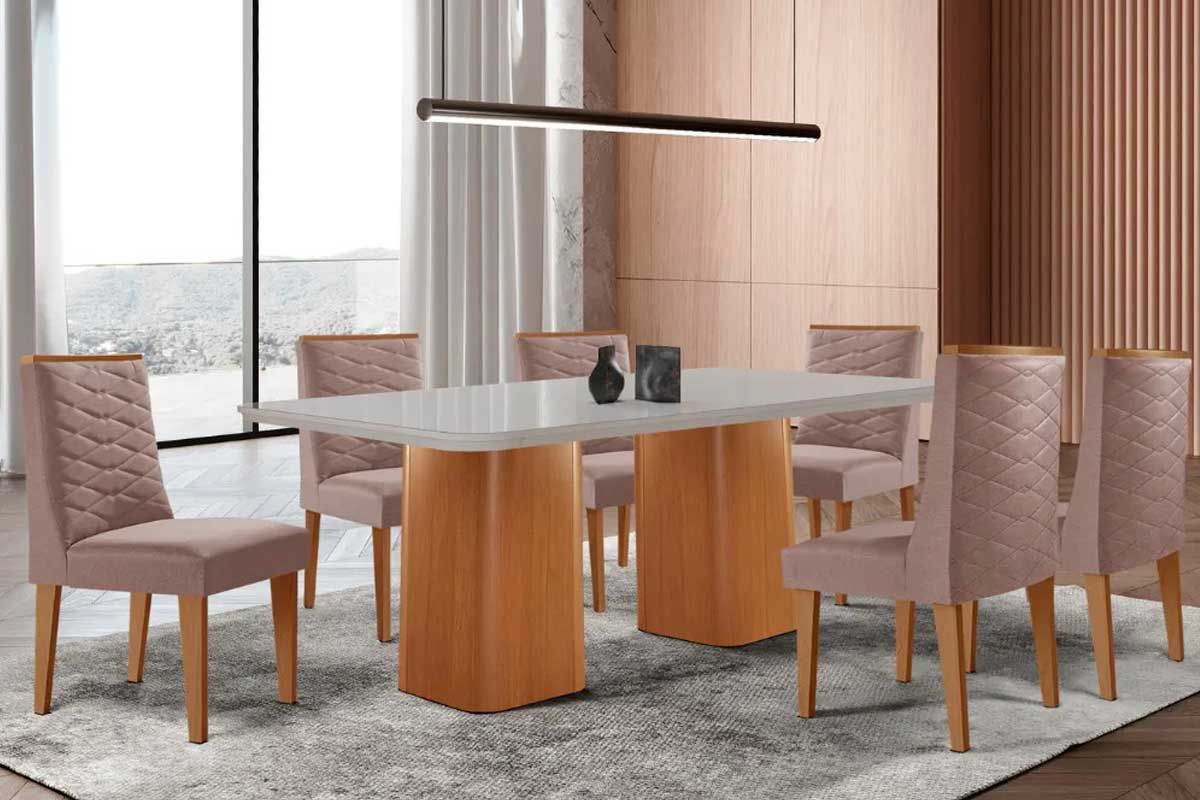 Sala Jantar Mesa Maldivas c/ Tampo Madeirado c/ Vidro Canto Curvo 180x90cm e 6 Cadeiras Dafne - Rufato