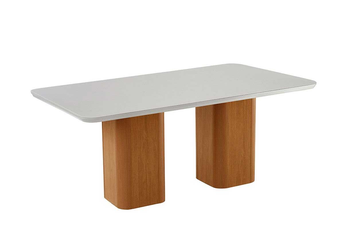 Sala Jantar Mesa Maldivas c/ Tampo Madeirado c/ Vidro Canto Curvo 180x90cm e 6 Cadeiras Dafne - Rufato
