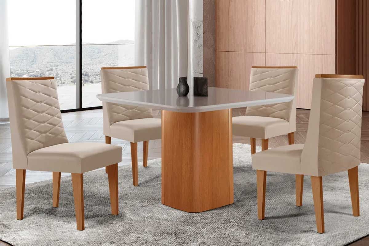 Sala Jantar Mesa Maldivas c/ Tampo Madeirado c/ Vidro Canto Curvo 90x90cm e 4 Cadeiras Dafne - Rufato