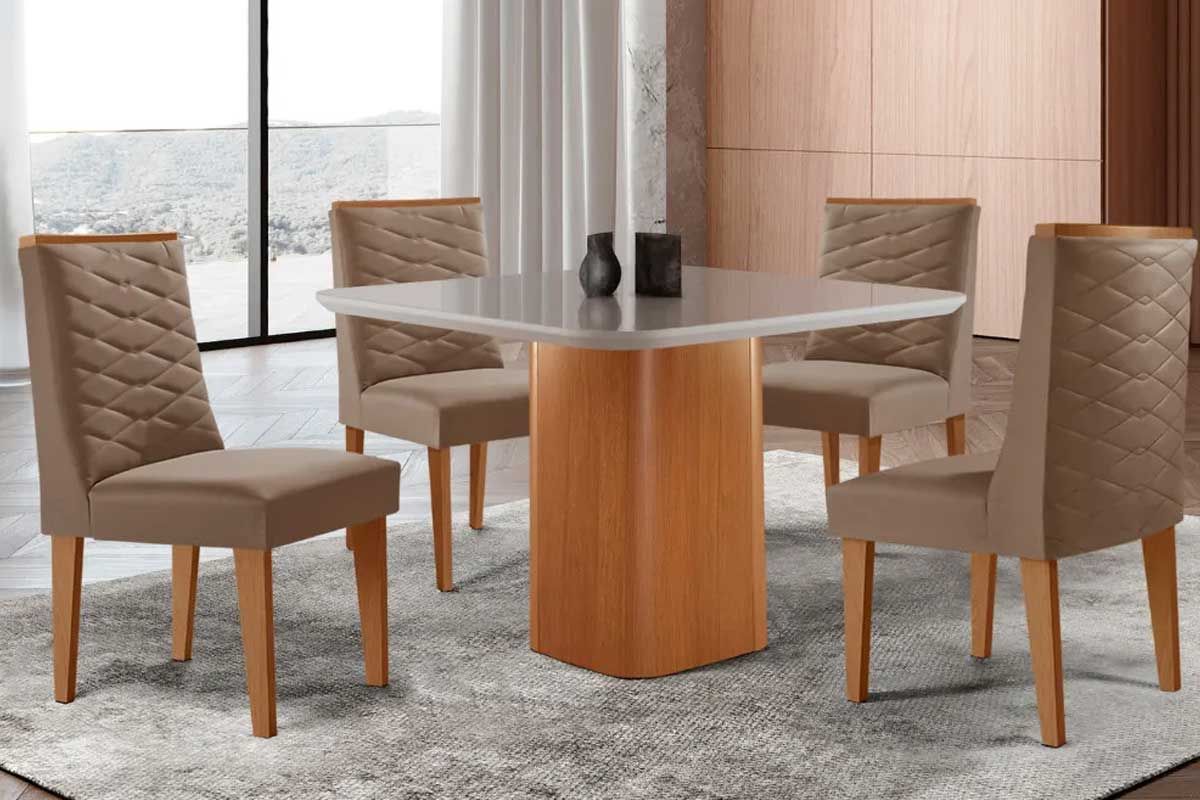 Sala Jantar Mesa Maldivas c/ Tampo Madeirado c/ Vidro Canto Curvo 90x90cm e 4 Cadeiras Dafne - Rufato