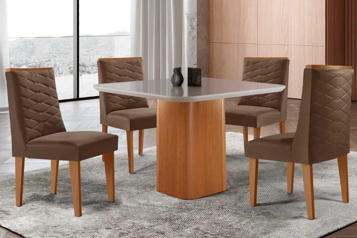 Sala Jantar Mesa Maldivas c/ Tampo Madeirado c/ Vidro Canto Curvo 90x90cm e 4 Cadeiras Dafne - Rufato