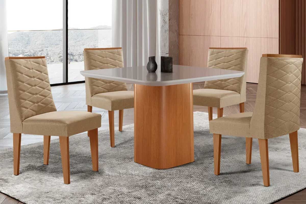 Sala Jantar Mesa Maldivas c/ Tampo Madeirado c/ Vidro Canto Curvo 90x90cm e 4 Cadeiras Dafne - Rufato