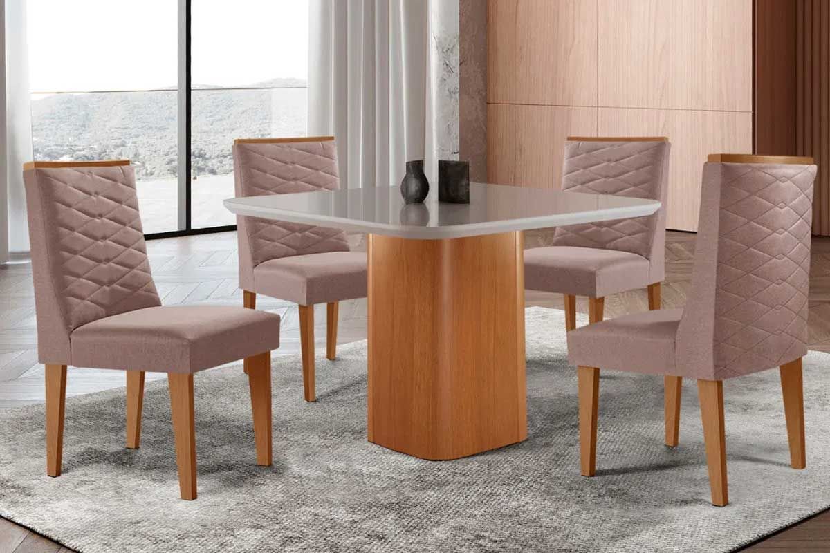 Sala Jantar Mesa Maldivas c/ Tampo Madeirado c/ Vidro Canto Curvo 90x90cm e 4 Cadeiras Dafne - Rufato
