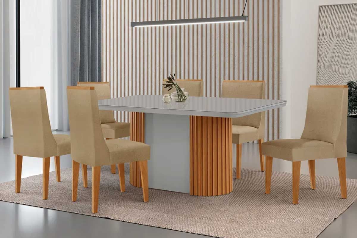 Sala Jantar Mesa Pilar Curvo 180cm + 6 Cadeiras Dakota Madeira - Rufato