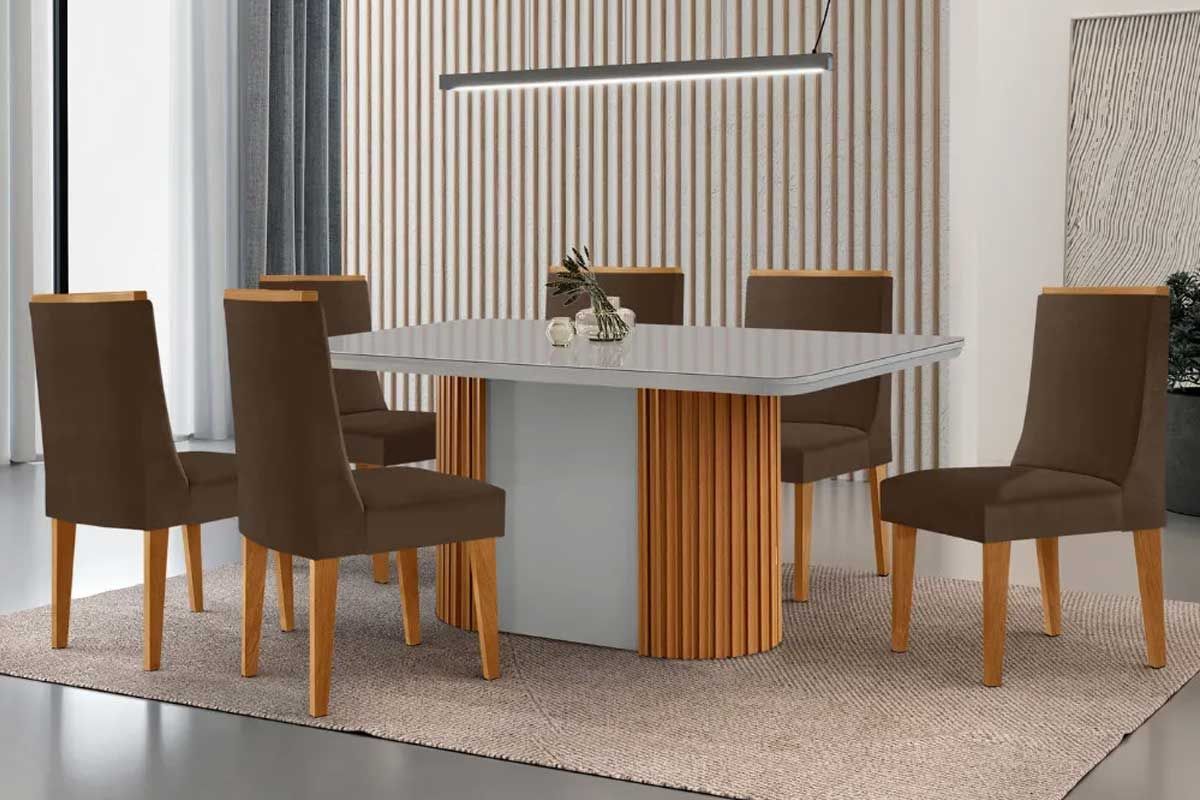 Sala Jantar Mesa Pilar Curvo 180cm + 6 Cadeiras Dakota Madeira - Rufato