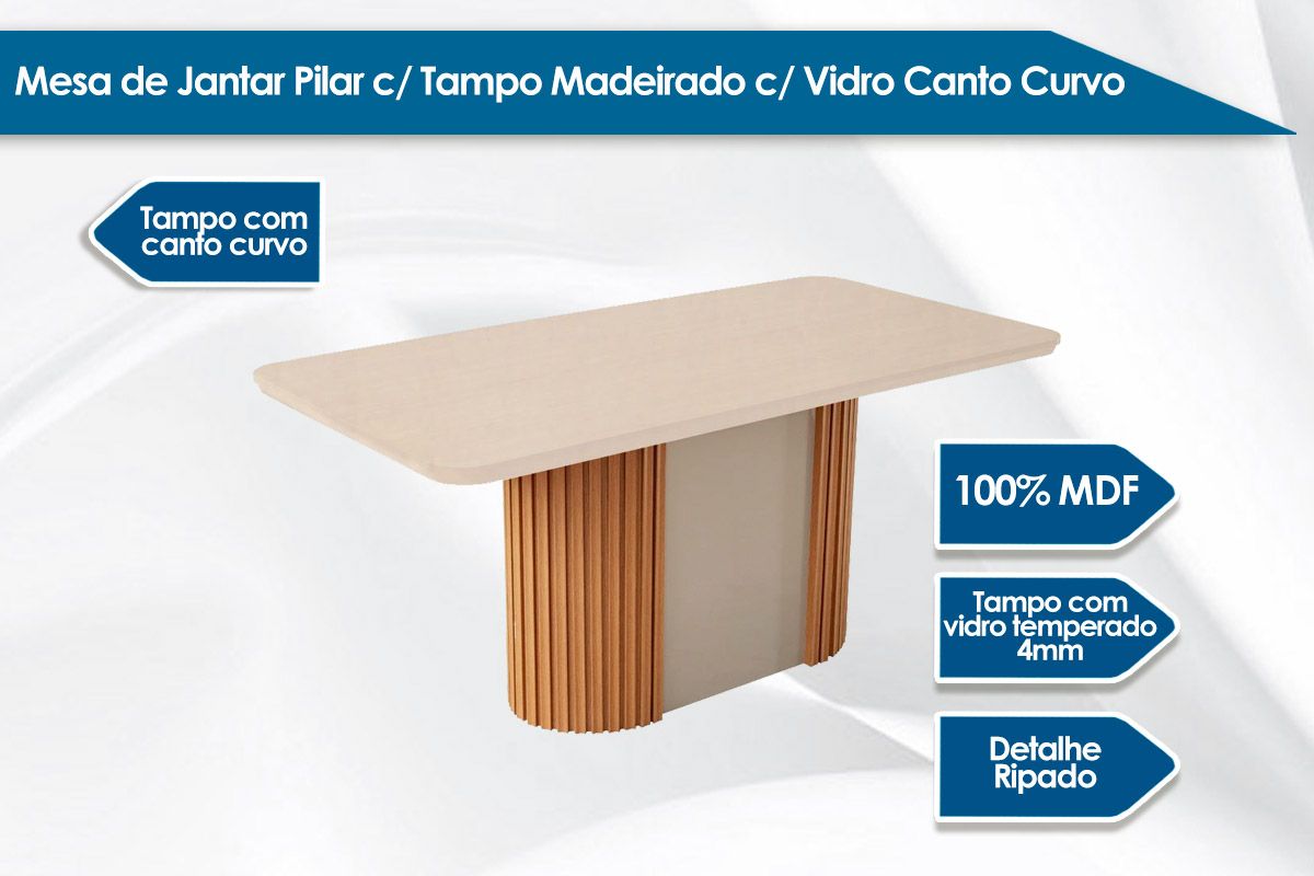 Sala Jantar Mesa Pilar Curvo 180cm + 6 Cadeiras Dakota Madeira - Rufato